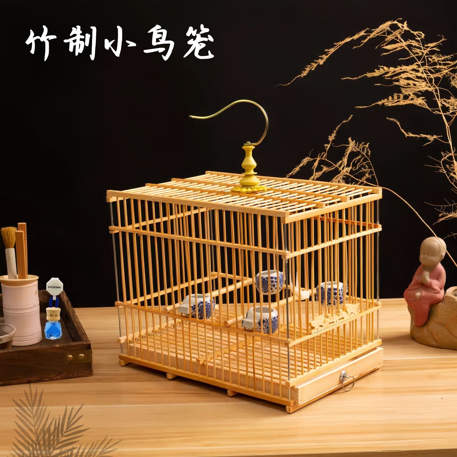 免運 鳥籠 可開發票 鸚鵡 【工廠直銷】竹製小方籠繡眼長方形鳥籠貝子文鳥珍珠竹子抽屜鳥籠