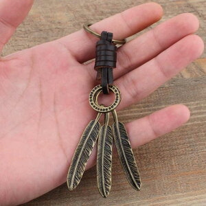 新款創意復古青銅鑰匙扣時尚創青銅三條羽毛掛件簡約真皮純手工