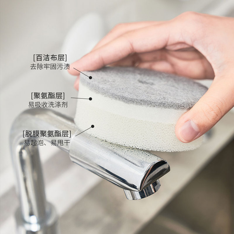 日本代購KM 強力去污菜瓜布 雙面圓形帶吸盤百潔布清潔棉洗碗盤海綿擦