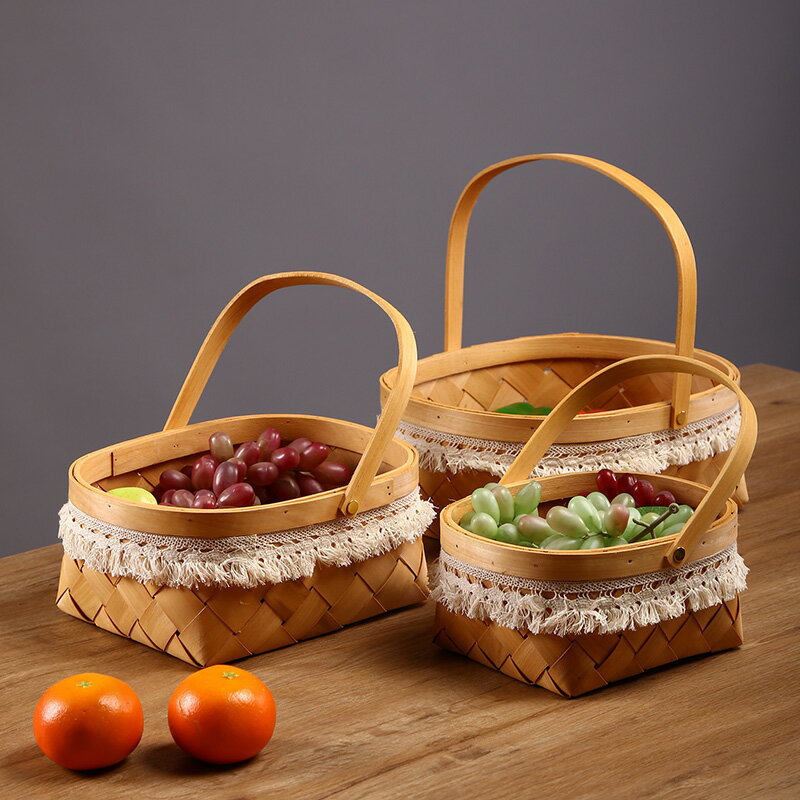 手工編織木片提籃日式編織籃子水果籃手提零食收納籃面包筐雜物籃