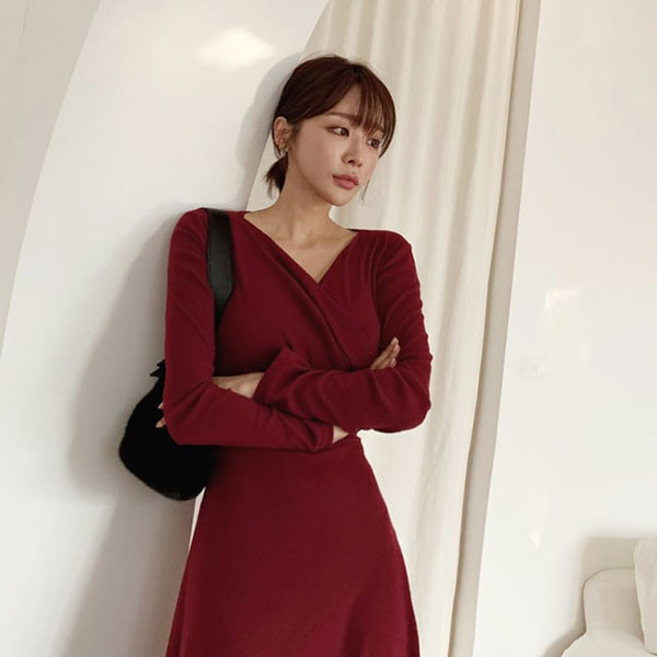 ANNAS 正韓V領洋裝交叉綁腰長裙長洋裝長袖連身裙 顯瘦性感棉質過年新年尾牙春酒紅色韓國 4