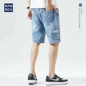 漢斯卡2021夏季新款寬松直筒牛仔短褲男韓版潮流復古水洗五分褲男