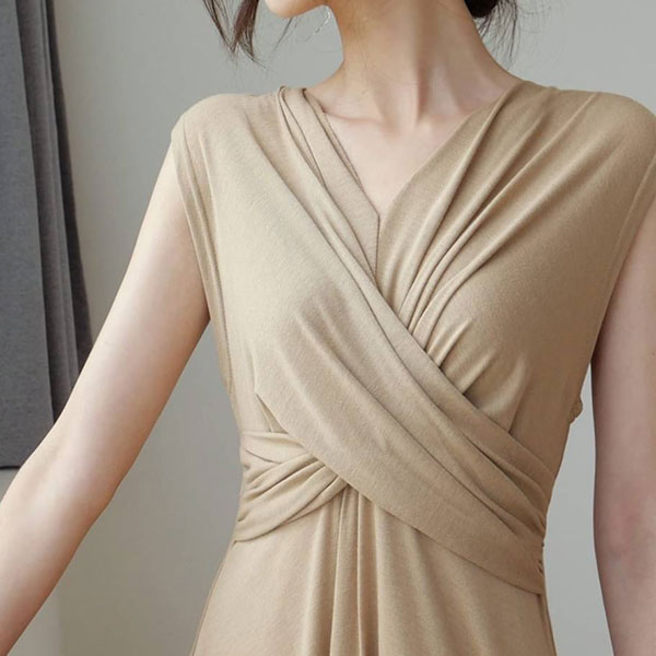 ANNAS 正韓 V領 抓皺 交叉 無袖 洋裝 連身裙 長裙 長洋裝 大裙擺 背心裙 棉質 顯瘦 彈性 素面 韓國 5