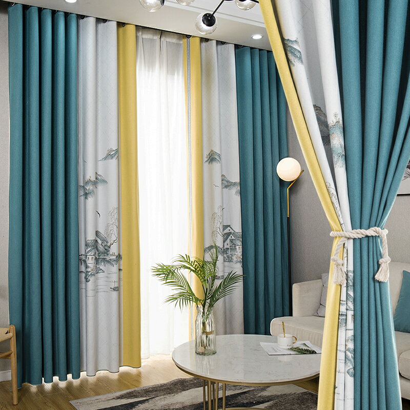新中式窗簾2021年新款客廳書房山水畫拼接臥室高端中國風現代簡約