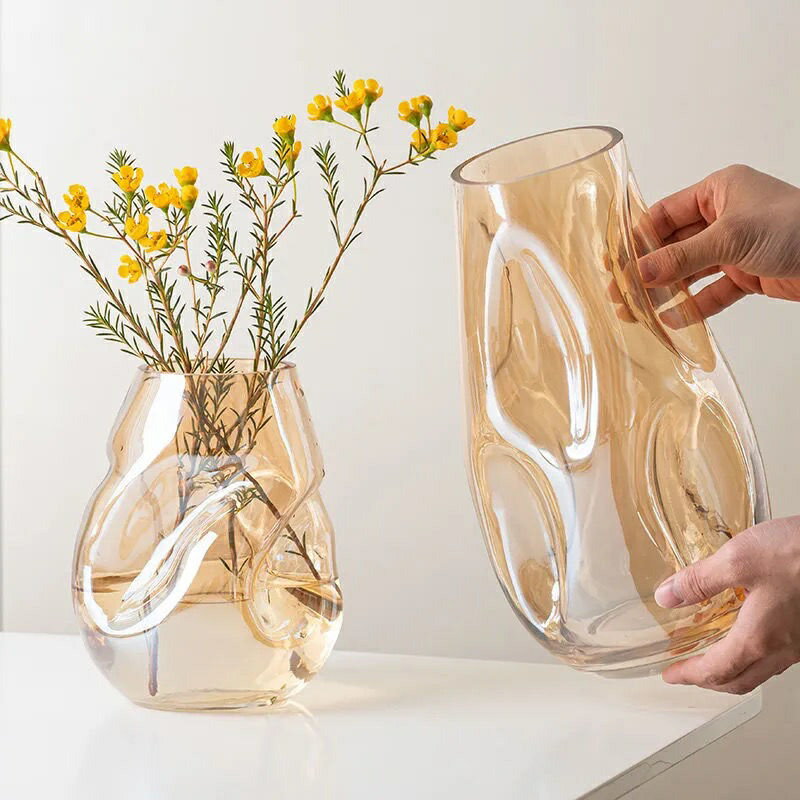 【優選百貨】不規則條紋玻璃花瓶 北歐簡約插花瓶 創意花器擺件 現代家居客廳裝飾品