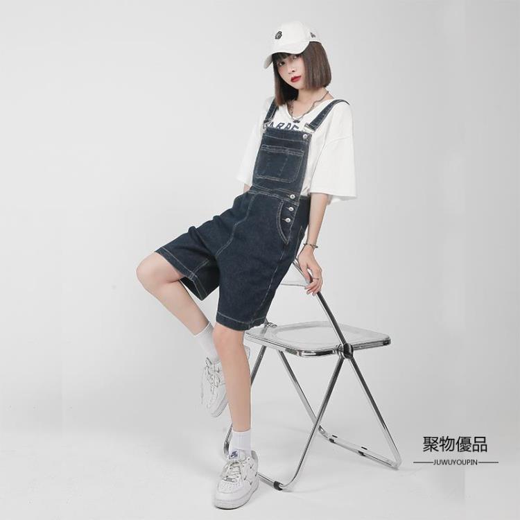 寬鬆直筒吊帶褲女夏季薄款水洗減齡短褲牛仔褲顯瘦五分吊帶褲【聚物優品】 2