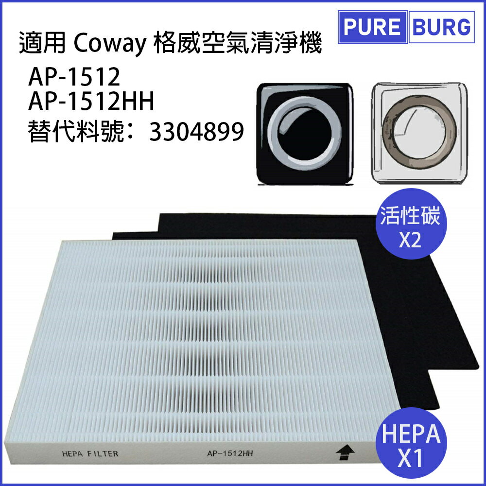 適用 Coway 格威 AP-1512HH AP-1512替換用 HEPA濾網 送2片活性碳濾芯