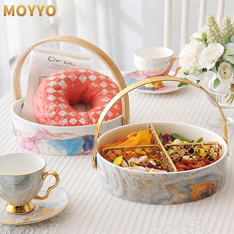 moyyo 歐式高檔陶瓷干果盤水果盤金邊英式甜品臺客廳點心盤下午茶