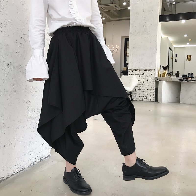 FINDSENSE H1 2018 夏季 新款 男 日本 設計師款 黯黑 不規則重疊設計 寬鬆 哈倫九分褲 獨家款