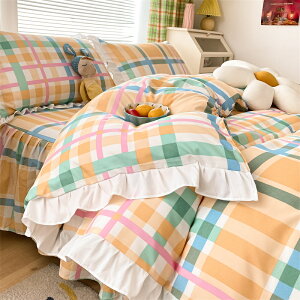 韓式床上四件套夏季水洗棉春秋被套被罩床單格子ins三件套4