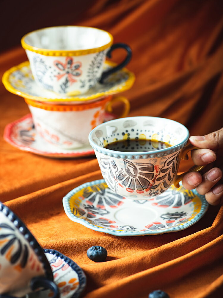 咖啡杯碟創意手繪復古陶瓷早餐馬克杯子女家用北歐ins下午茶水杯