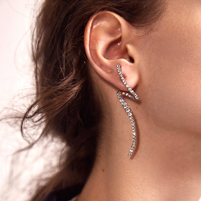 韓國設計氣質個性弧形長款鑲鉆925銀針耳釘簡約ins網紅明星耳環女