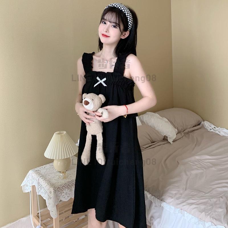 吊帶背心睡裙女夏季薄款學生甜美少女純色睡衣裙夏【步行者戶外生活館】