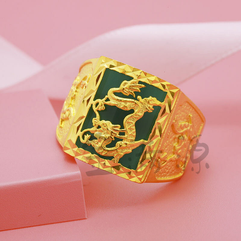 新款 越南沙金浮雕飛龍在天寶石戒指活口網紅可調節指環真金