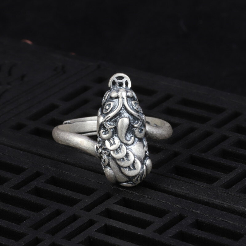 純銀戒指女99足銀貔貅戒指復古錢幣招財食指指環開口銀飾氣質個性