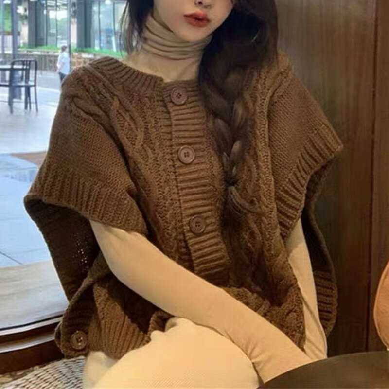 楓林宜居 韓國復古麻花無袖毛衣馬甲坎肩設計紐扣背心女