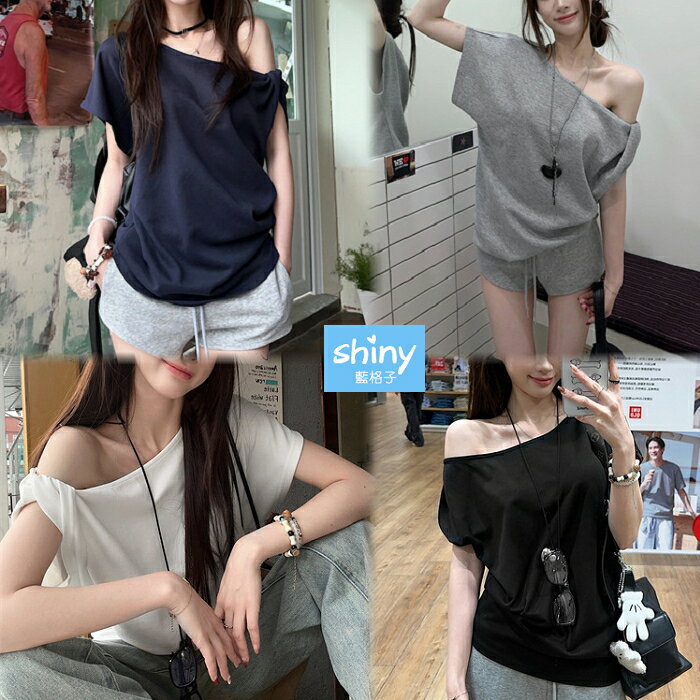 性感嫵媚．素色斜露肩扭結短袖T恤-shiny藍格子【V5146】
