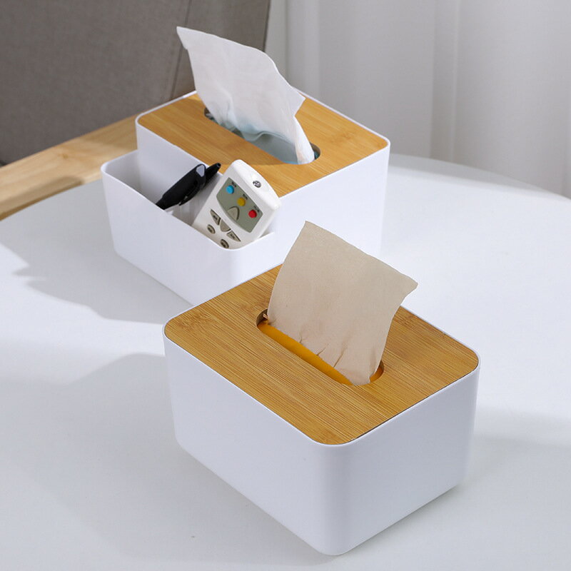 多功能竹木蓋紙巾盒創意桌面抽紙盒家用客廳簡約塑料遙控器收納盒