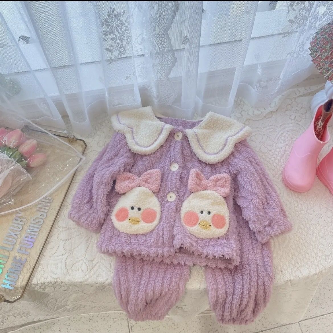 女童家居服套裝秋冬新款韓版洋氣女孩睡衣兩件套兒童外穿法蘭絨潮