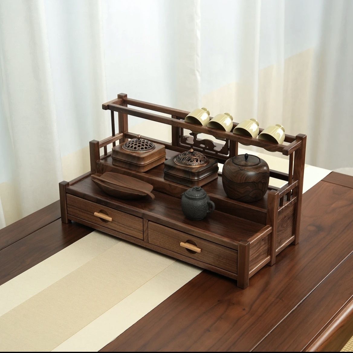 限時下殺 免運/可開票 北美黑胡桃木茶具收納實木博古架茶壺茶杯架子多層桌面中式置物架