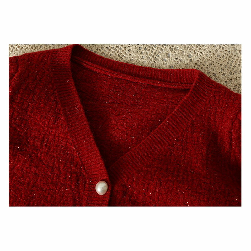 ANNAS 特價顯身材 正韓金蔥珍珠釦傘擺上衣 公主袖V領腰身顯瘦 紅色粗花呢小香風外套 性感氣質 過年新年婚宴 韓國金蔥上衣 7