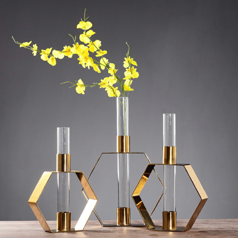 創意幾何插花花瓶現代簡約軟裝飾品金屬玻璃花器客廳桌面鐵藝擺件