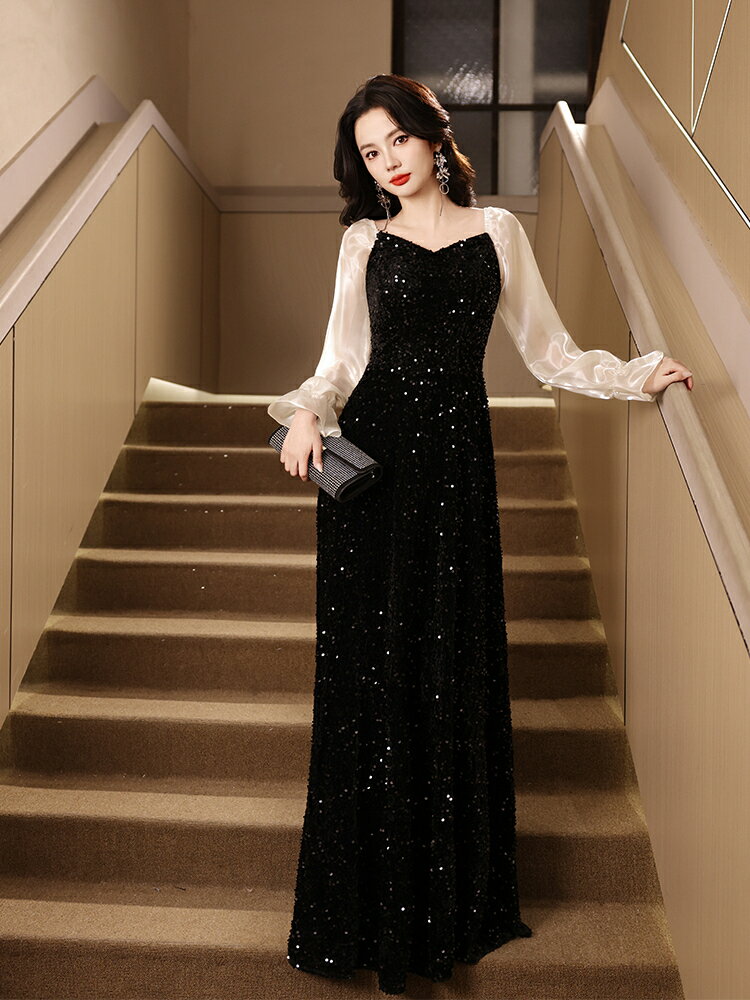 晚禮服連身裙 黑色晚禮服女高階質感新款演出服裝長裙法式宴會晚會名媛主持生日