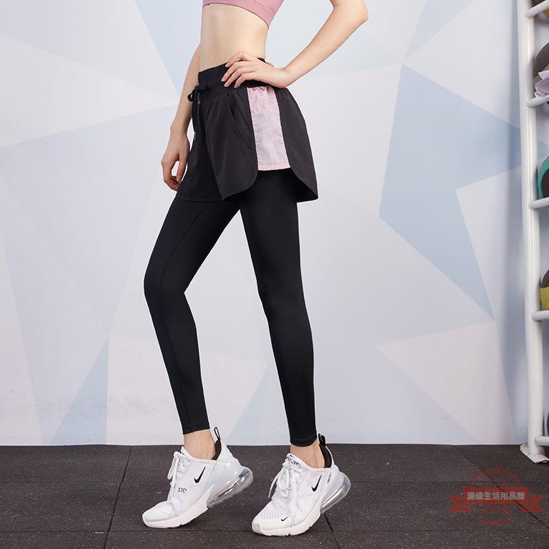 2021新款健身褲女跑步訓練假兩件彈力緊身速干運動長褲修身瑜伽褲
