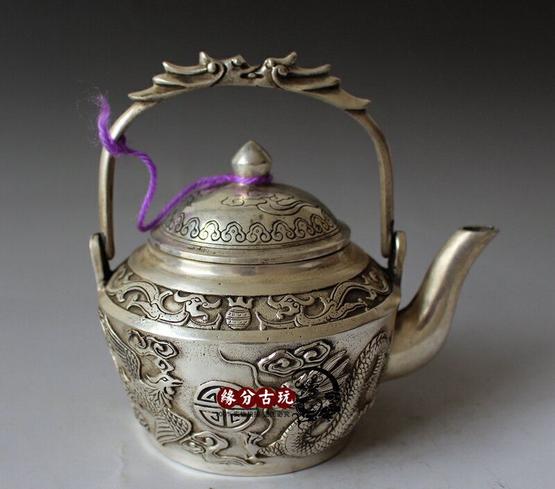 古玩銅器收藏擺件白銅鍍銀 禮品家居裝飾 茶具手提水壺茶壺酒壺1入