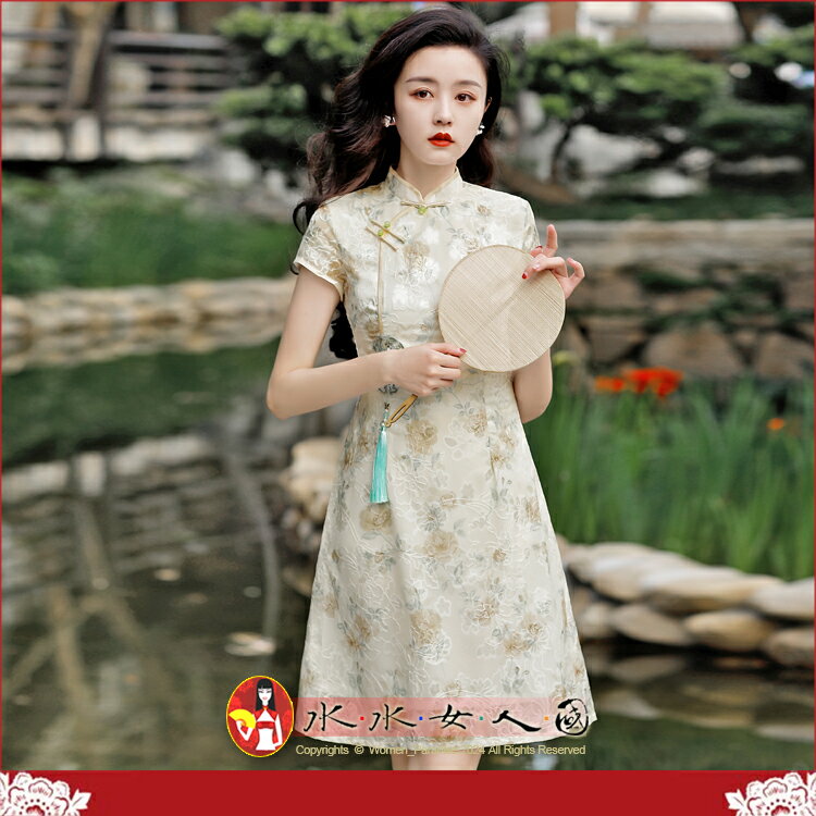 春夏新品雪紡提花甜美風少女短款旗袍中國風改良日常氣質年輕款連衣裙-牡丹(杏色)-水水女人國