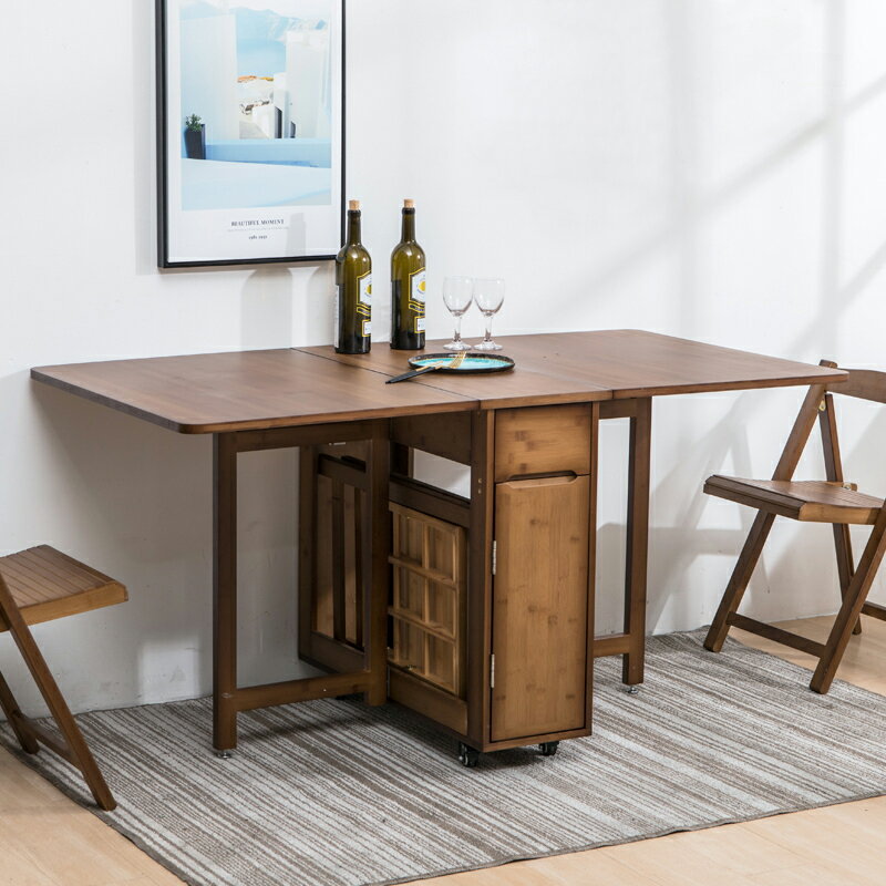 優樂悅~實木伸縮折疊桌餐桌小戶型簡約現代竹子家用多功能移動飯桌椅組合