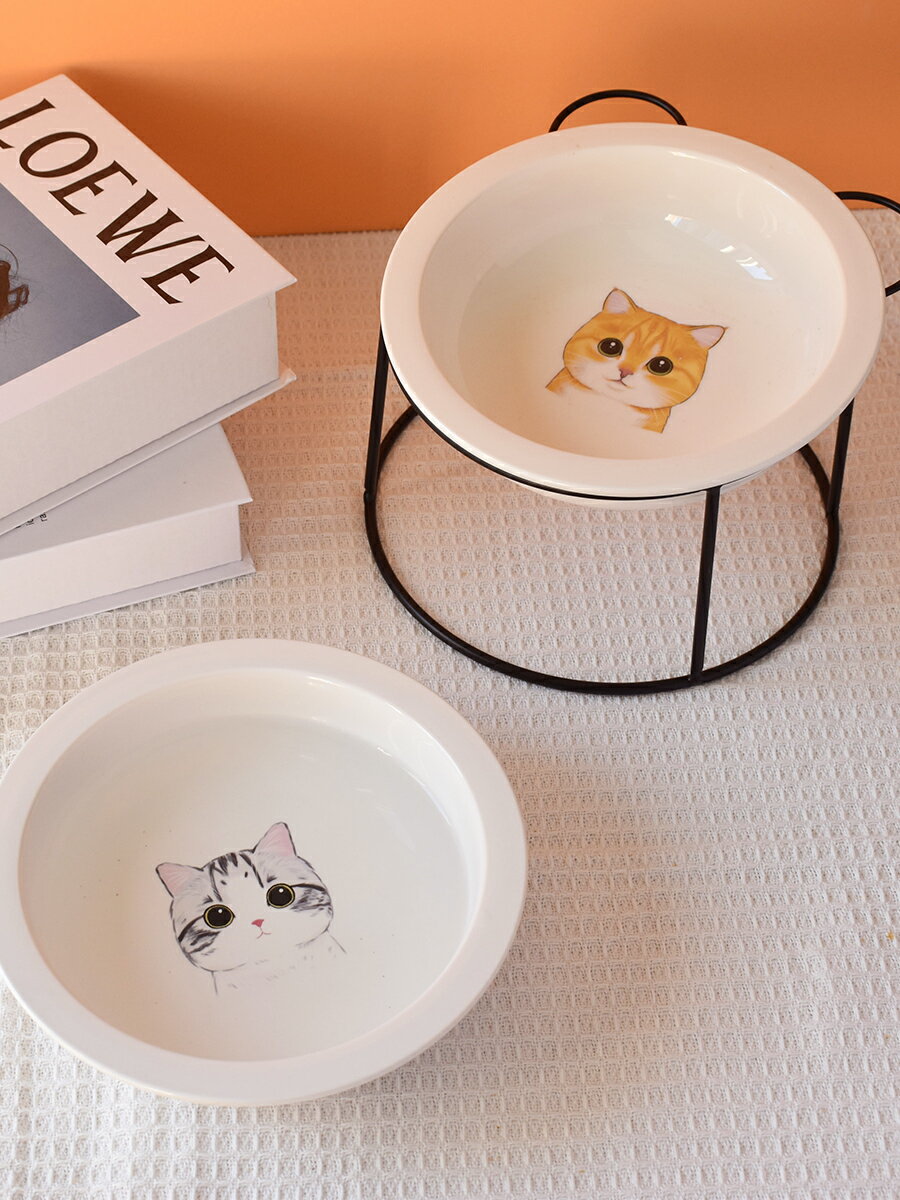 貓碗大口徑陶瓷保護頸椎高腳斜口防打翻水碗狗碗貓糧盆寵物用品