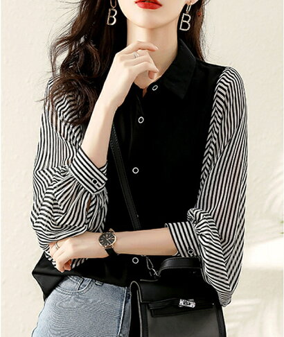 中大尺碼韓版女裝 百搭雪紡上衣 時尚氣質簡約雪紡拼接條紋長袖襯衫 長袖上衣 雪紡衫 2