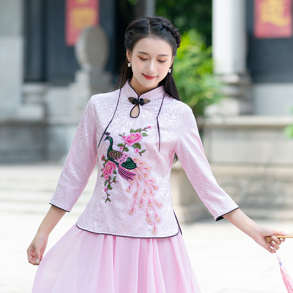 春季新款民族風上衣復古中國風刺繡襯衫新娘伴娘服七分袖襯衣1入