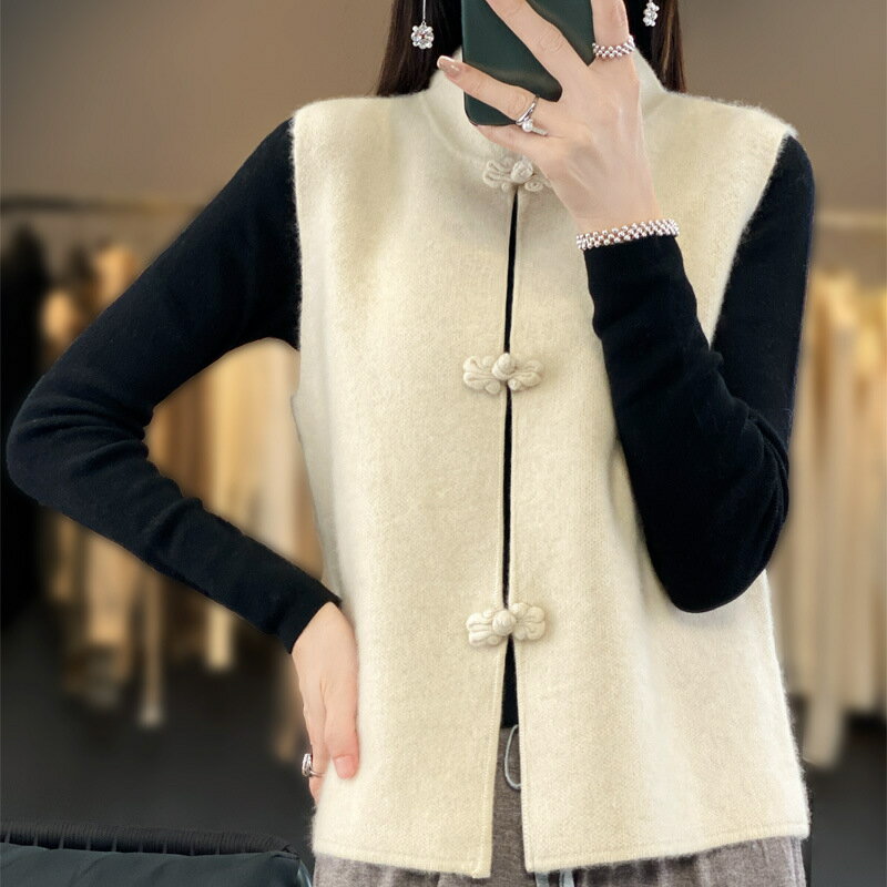 【巴黎精品】羊毛背心針織外套-復古盤扣疊穿顯瘦女上衣4色a1if27