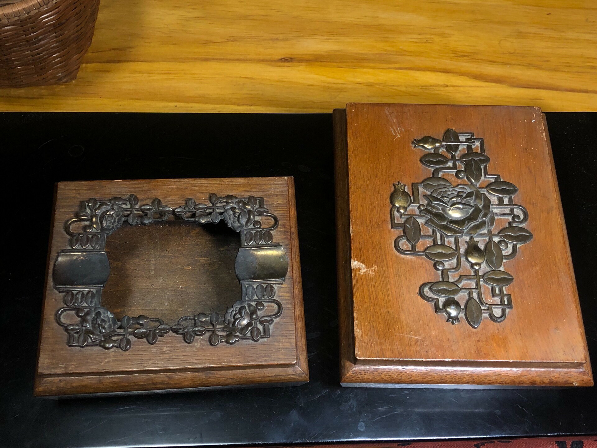 日本中古回流老物件實木精工銅雕工藝 煙盒煙皿 煙皿兩件套 百