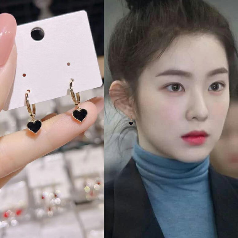2022韓國黑色愛心耳扣女小眾精致氣質防過敏心形耳環耳飾2021新款