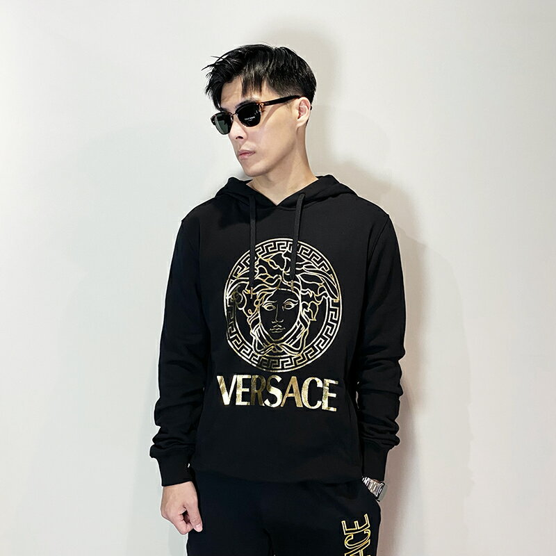美國百分百【全新真品】Versace Jeans 凡賽斯 連帽上衣 毛巾布 棉質 VJ 帽T logo 黑色 DB96