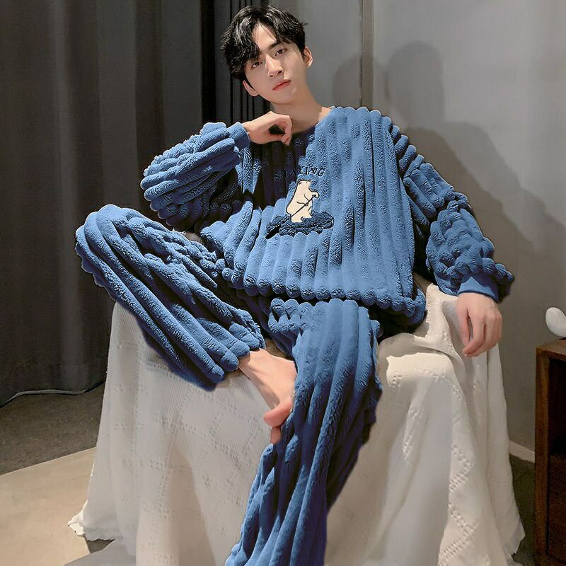 秋冬季家居服 珊瑚絨睡衣 大尺碼家居服 超暖 法蘭絨睡衣男士冬季刷毛加厚套頭珊瑚絨保暖秋冬款家居服冬天