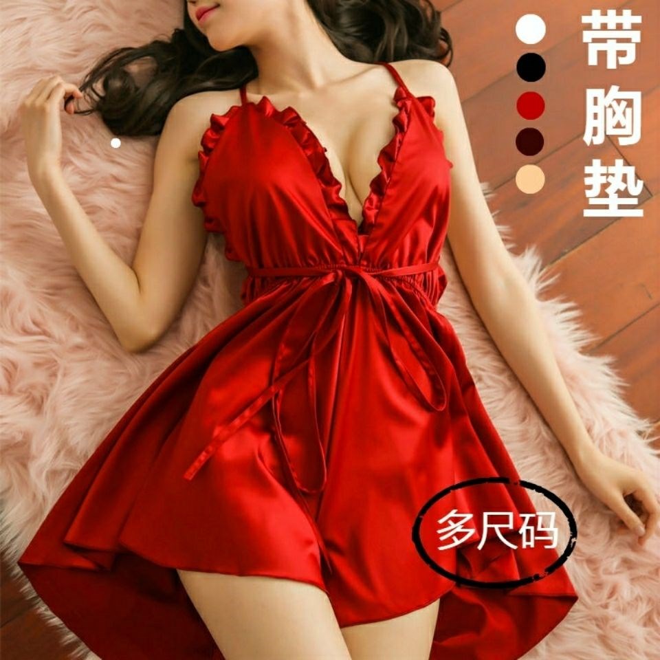 【帶胸墊】性感大碼睡衣女夏吊帶絲綢睡裙火辣極度誘惑激情春秋季