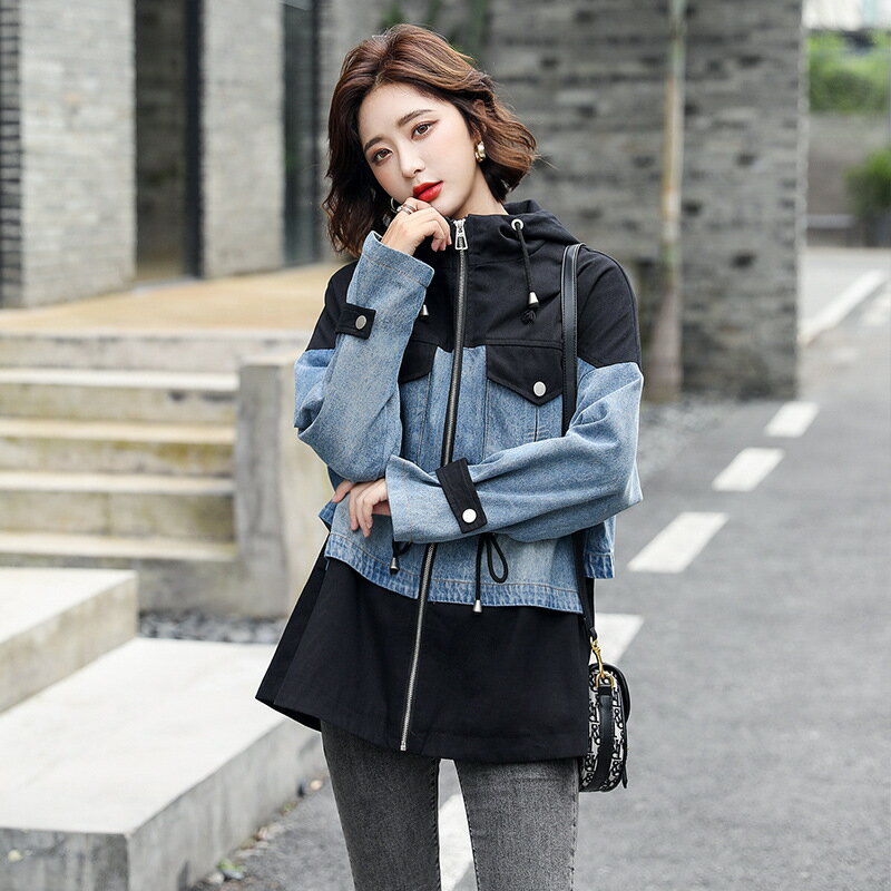 風衣大衣短版夾克-連帽牛仔拼接抽繩女外套73yt54【獨家進口】【米蘭精品】