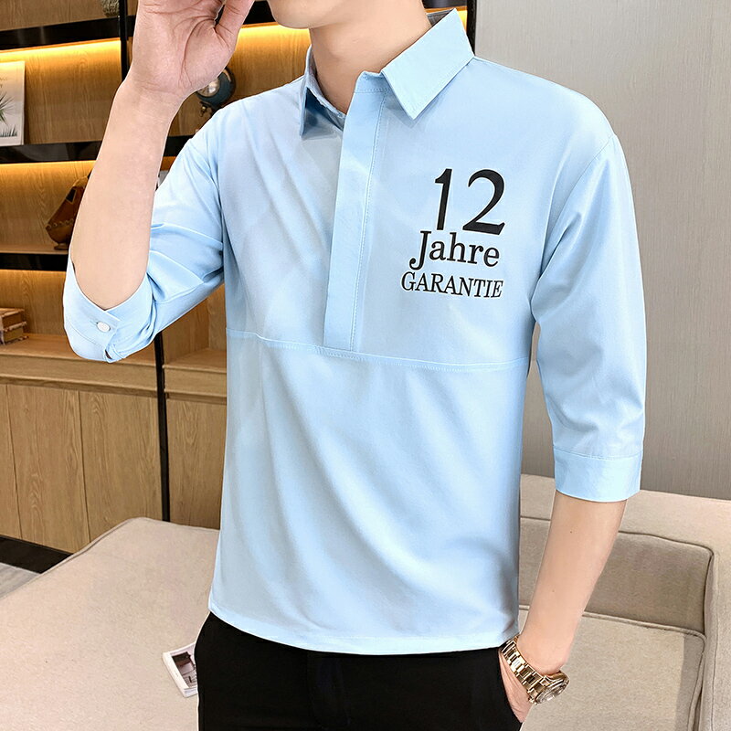 男士短袖襯衫男夏季韓版學生五分潮流t恤7分七分袖bf修身個性衣服