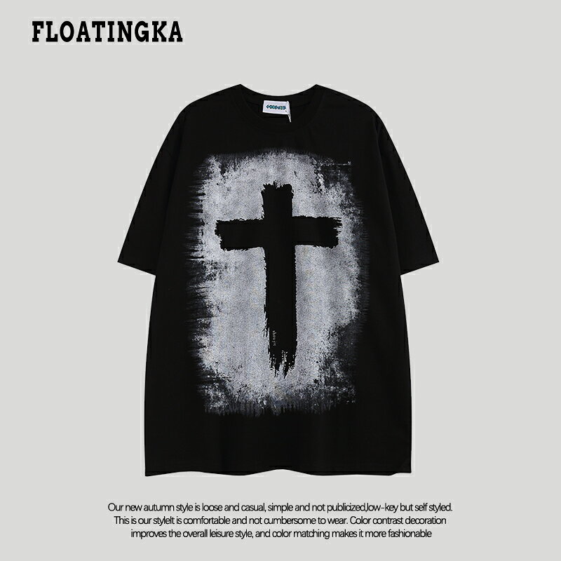 FLOATINGKA浮佧尼2022夏季短袖T恤oversize男女國潮十字架半袖tee