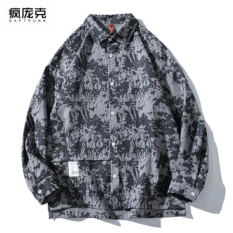 秋季古著港風復古花襯衫男女港味襯衣設計感百搭上衣滿印秋裝長袖