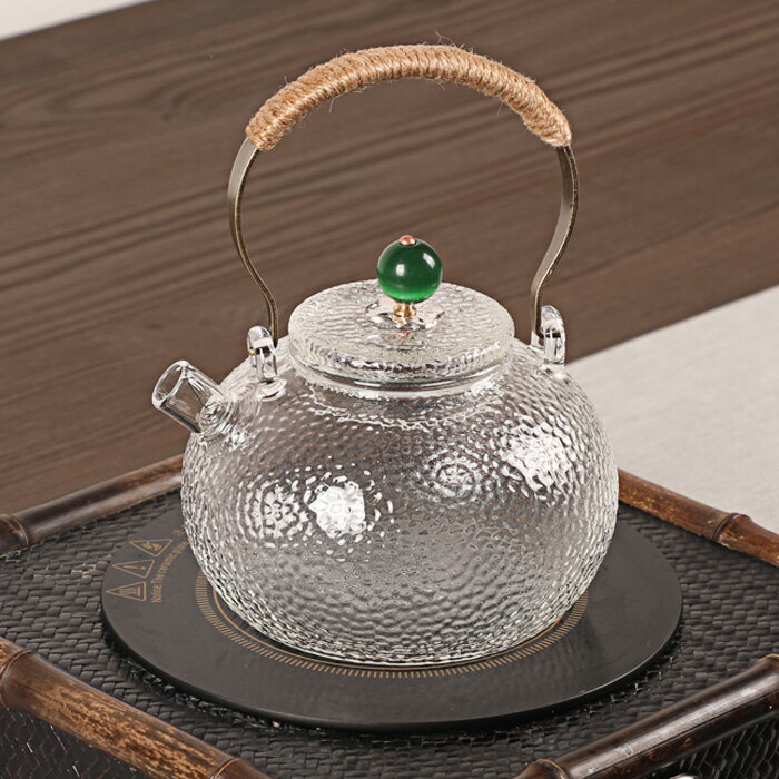 日式錘目紋耐熱玻璃煮茶壺 家用帶蓋透明燒水壺 加厚提梁壺泡茶壺