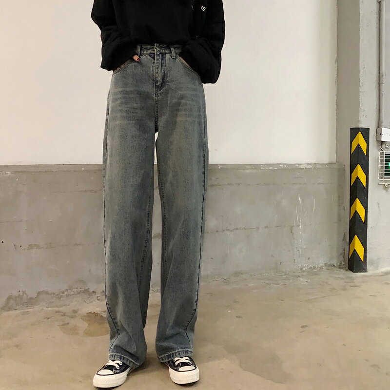 轉角1號精品女裝店~復古港味高腰顯瘦牛仔長褲寬松闊腳褲拖地褲1入