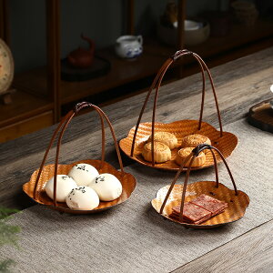 竹制手提點心籃手工編織果盤茶點盤展示架提籃酒店糕點籃零食果盤