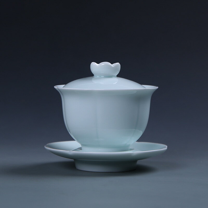 德化白瓷單個三才蓋碗茶杯大號家用功夫茶具泡茶碗純色陶瓷敬茶碗