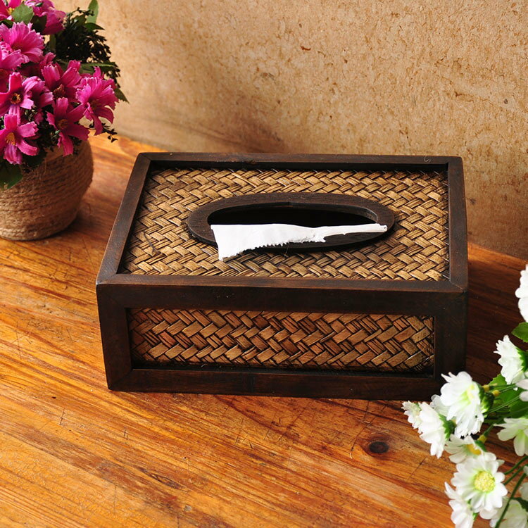 東南亞創意竹木紙巾盒抽紙盒復古高檔泰國酒店餐廳飯店裝飾餐巾盒1入