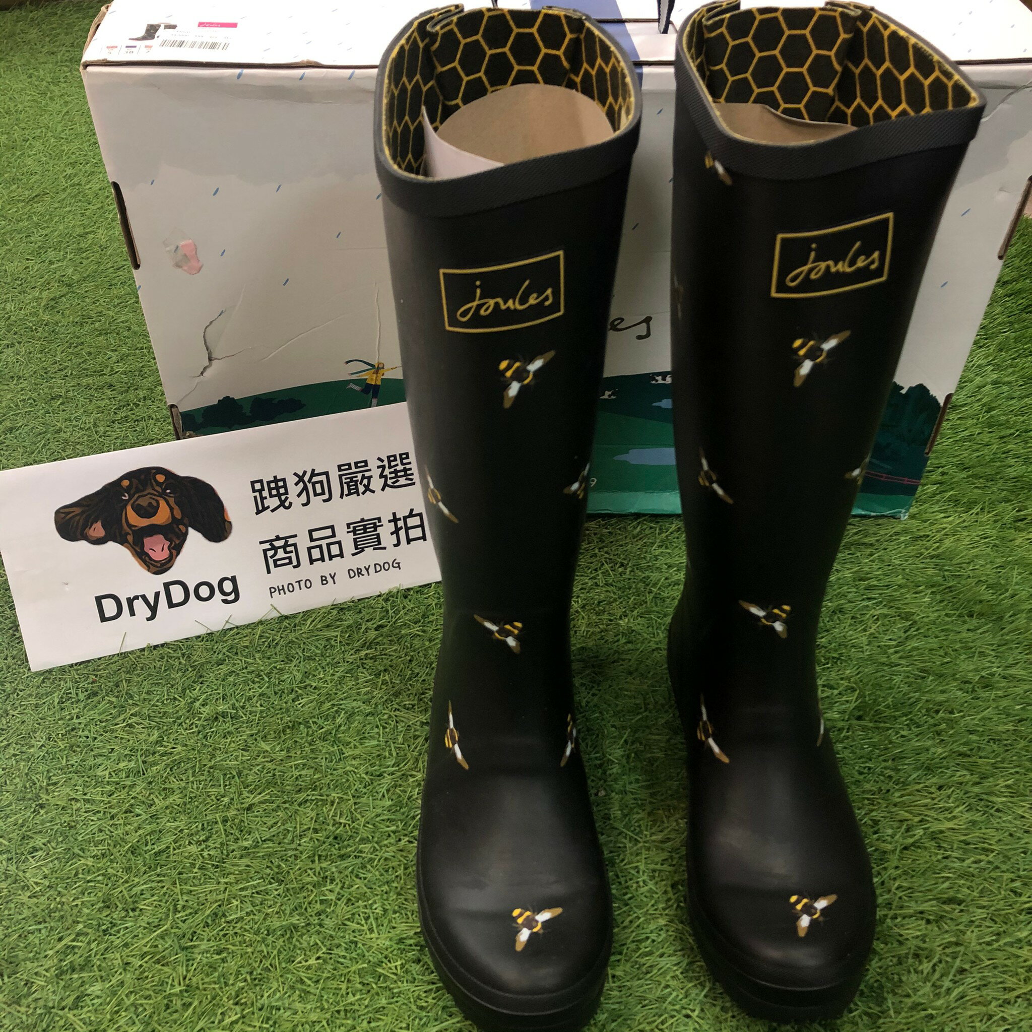 跩狗嚴選 現貨&代購 英國 JOULES WELLIES 黑色 霧面 長筒雨靴 雨鞋 高筒 威靈頓 蜜蜂 手繪 Bee